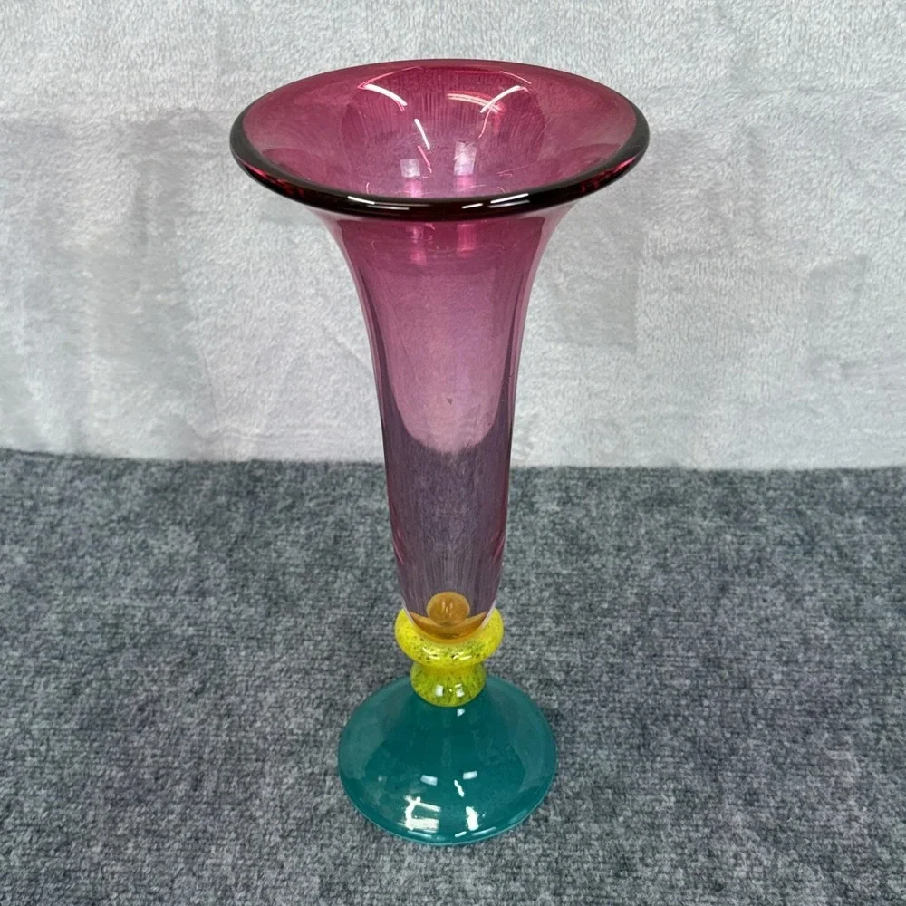 Hand Blown Glass Trumpet Vase Cranberry Teal Base Yellow Knob 12.5
